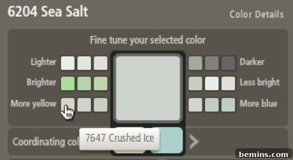 A color chart displaying the Sherwin-Williams Sea Salt palette, used for initial inspiration for bedroom paint.