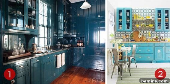 A bold kitchen design featuring blue-dyed wood elements, creating a striking visual impact.
