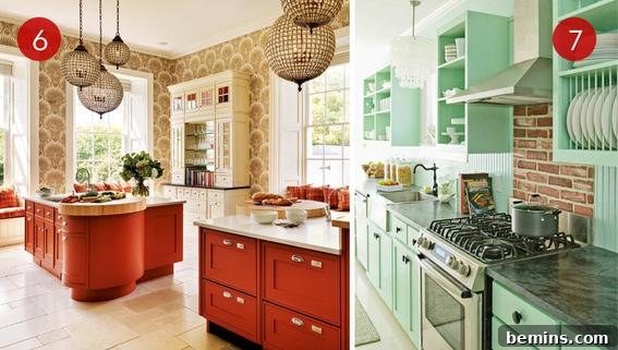 Two stylish kitchens featuring different color palettes and design aesthetics.