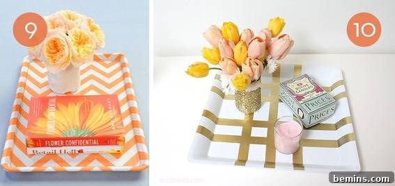 Crafty Creations: 10 DIY Serving Tray Ideas to Elevate Your Home 6 A flower bouquet in a ceramic pot resting on a tray, demonstrating a decorative and functional use.