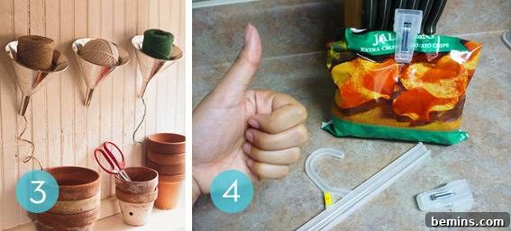 Two pictures show flower pot crafts next to hanger clamps. Examples of creative repurposing.