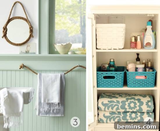 A stylish blue bathroom featuring well-organized items and a clean, minimalist design.