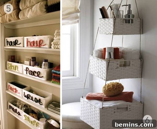 Bathroom storage featuring labeled baskets and hanging baskets for optimal organization.