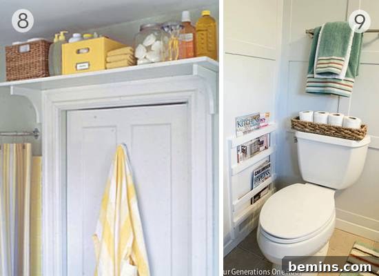 A modern white bathroom with a shelf installed above the toilet for convenient storage.