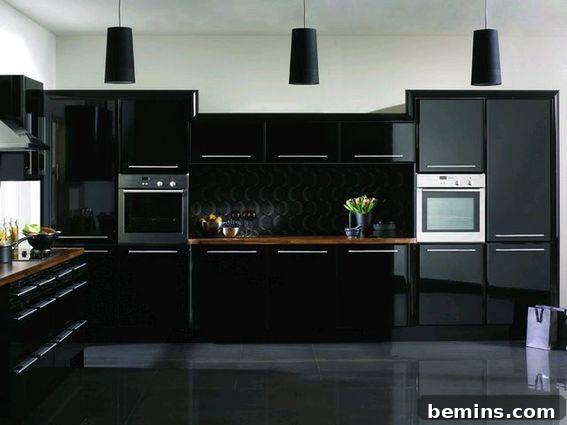 Black appliances and counters make up a kitchen.