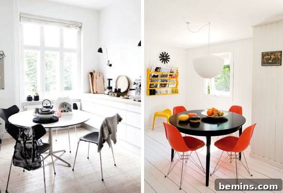 Dining Room Renovation: Expert Tips and Creative DIY Projects 3 White kitchen area with a table in the middle, having both orange and black chairs.
