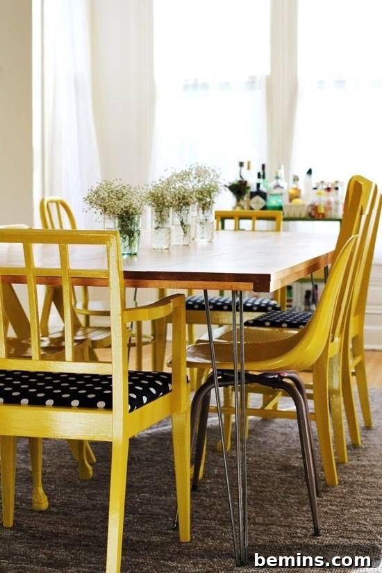 A brown table with wooden chairs near it.