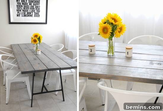 Sunflower bouquet with a vase near numbered jars on a table in a dining room.