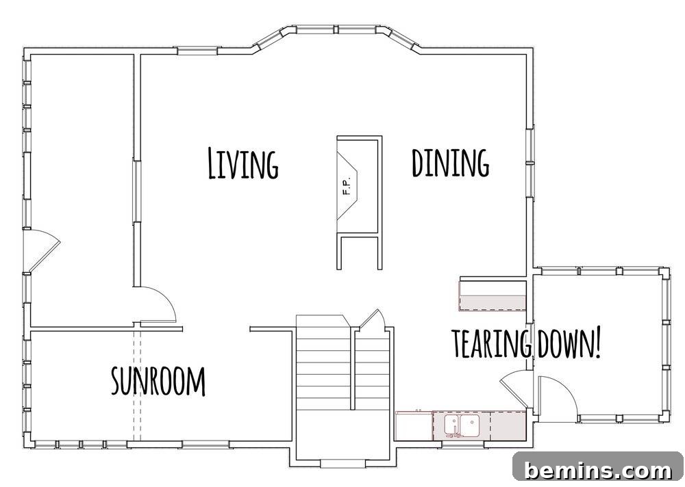 A floorplan of a home shows a living room, dining room, and sunroom that will remain intact, as well as a section of the home south of the dining area that will be torn down.