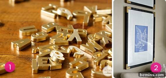 Group of gold metallic letters next to a picture frame.
