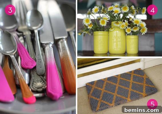 A display showcasing creative home decor upgrades using spray paint.