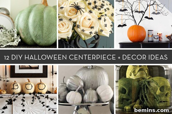 Elegant Halloween decorations featuring silver pumpkins, roses adorned with fake spiders, skulls, and bats.