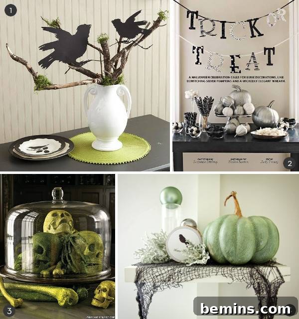A beautifully decorated Halloween side table with black birds, a trick or treat banner, green skulls, bones, and a green pumpkin.