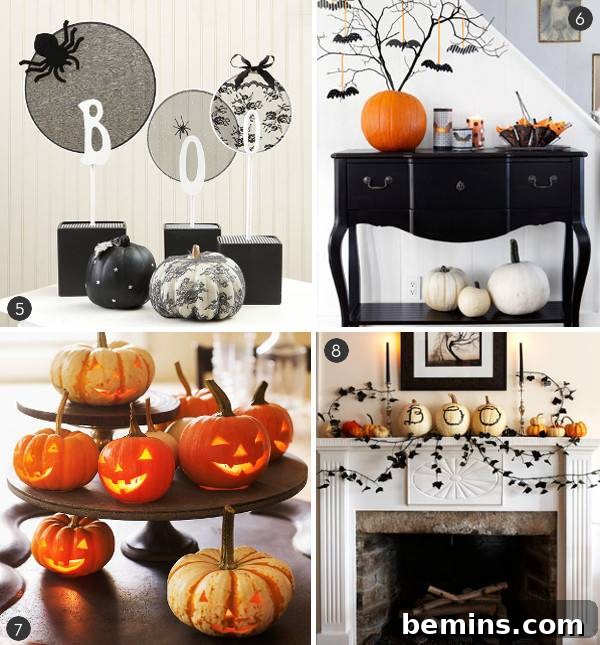 A collection of various fall and Halloween projects featuring creatively decorated pumpkins.