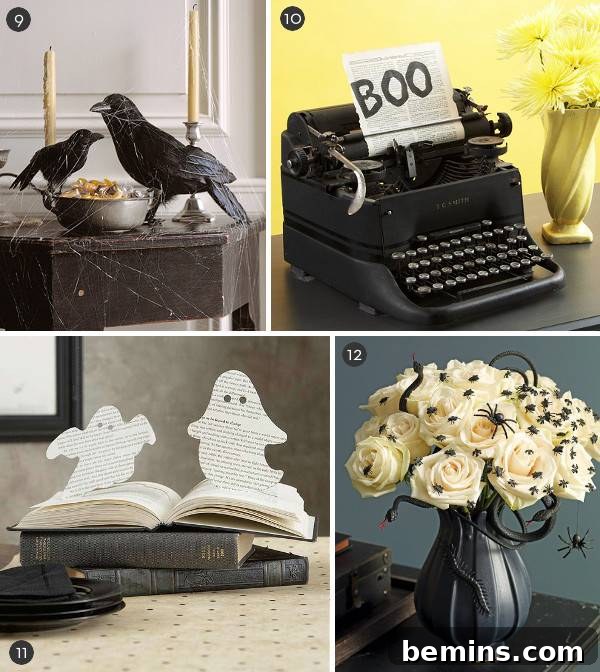 Assorted sculptures of objects and animals displayed on desks, creating a Halloween-themed scene.