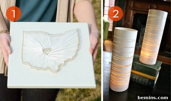 Various lampshades decorated with string and rope textures, showcasing creative DIY potential.