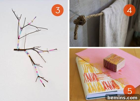 Various DIY projects made from wood, string, and rope materials.