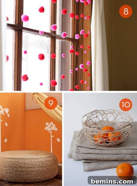 Decorated rooms featuring creative elements made from string and rope, enhancing various living spaces.