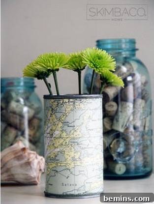 "A Soup Can turned out into a vase." Upcycled soup can vase with vintage map design.