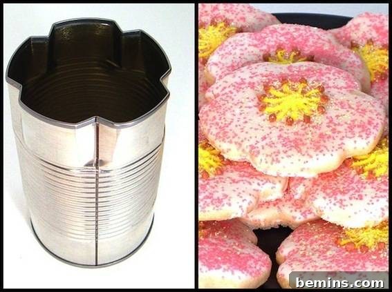 Soup cans that have been made into presses for cookie dough. DIY cookie cutters made from recycled soup cans.