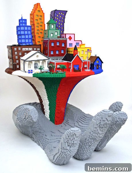 LEGO builders at work, constructing a large-scale project
