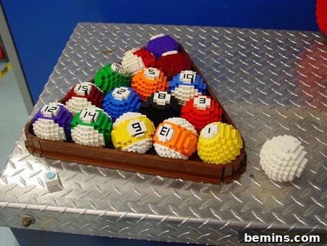 A LEGO sculptured ball designed for snooker games, showcasing intricate detail