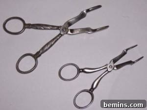 Two stainless steel scissors with different edges, used for cutting sugar.