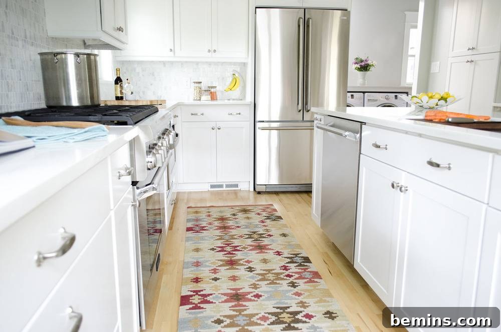 Geometric carpet runner in a kitchen.