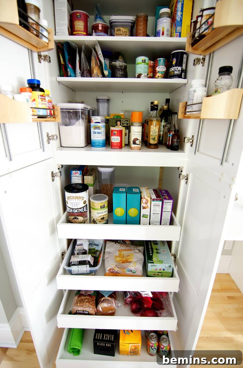 Jars of spices in pantry shelf with roll-out drawers.