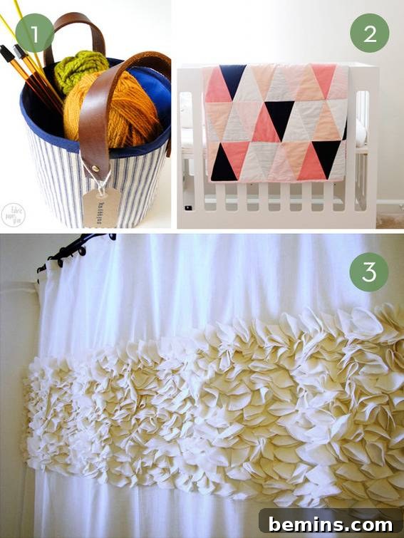 Blue basket with yarn, a crib with a quilt, and a ruffled curtain.