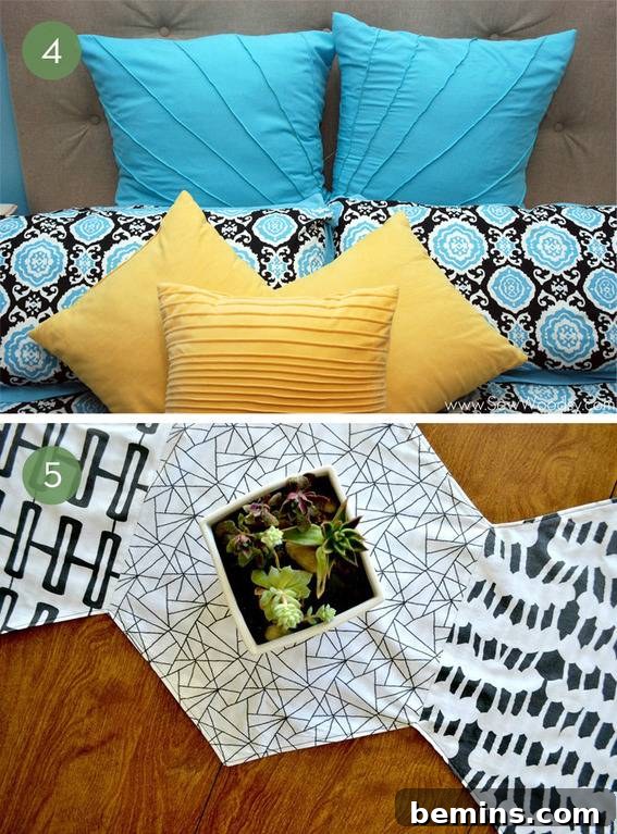 Blue striped pillows, yellow striped pillows, and black pillows with white decor
