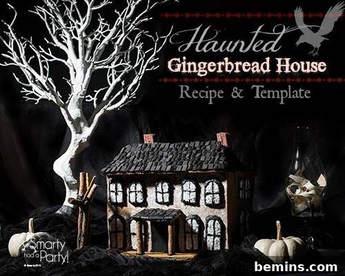 A haunted gingerbread house has a recipe shown.