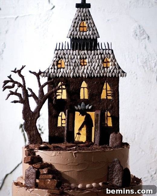 A multi tiered cake looks like a dirt hill with a spooky house on top.