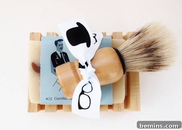 The Ultimate Gift List for Him: 12 Unique Handmade Presents 14 A white bow tie with glasses and a top hat image on it sits on top of a shaving cream brush.