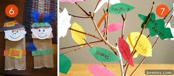 Kids' crafts using colorful paper for Thanksgiving decorations.