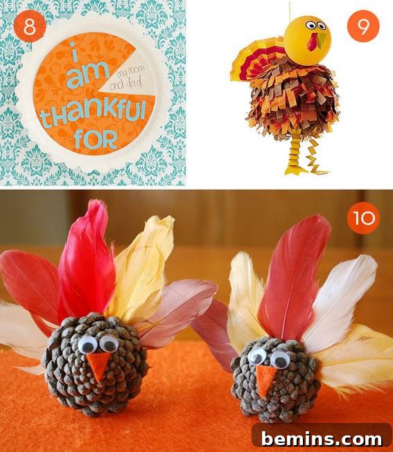 Variety of Thanksgiving crafts, including pinecone turkeys and pie-themed thankful cards.