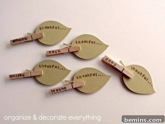 Wood leaves with attached clothespins painted with names and the word thankful.