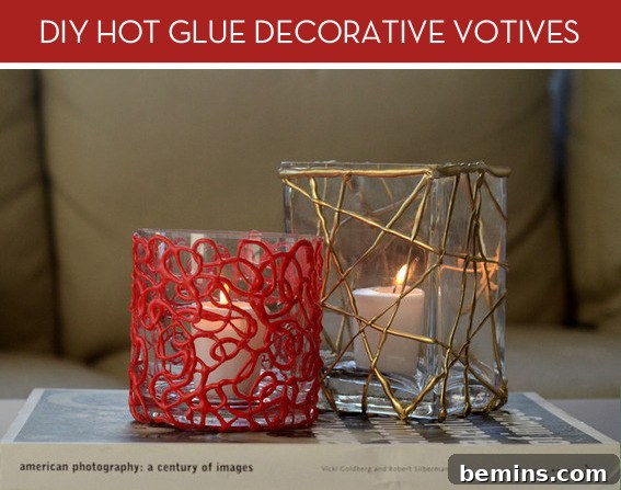 DIY Holiday Votive Candles with Hot Glue Designs 2 Two candle holders, one red design and the other gold design sit atop of a book. Showcase of finished DIY hot glue candle holders in red and gold.