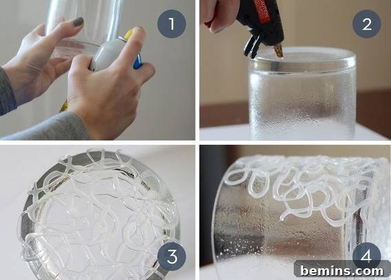 DIY Holiday Votive Candles with Hot Glue Designs 4 Do it yourself glass candle holder step by step guide with hot glue application.