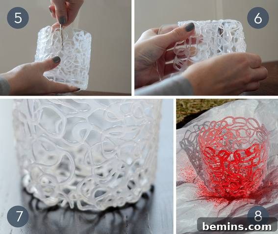 DIY Holiday Votive Candles with Hot Glue Designs 5 Different patterned materials are bent into rounded shapes showcasing various hot glue design possibilities.