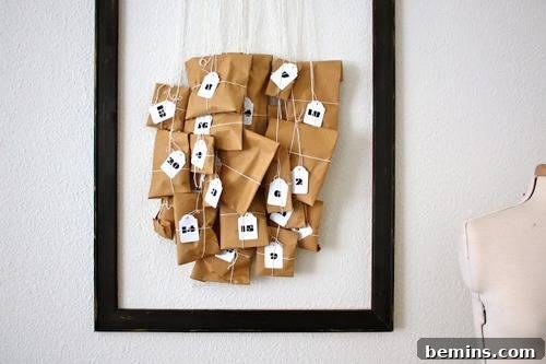 Decorative advent calendar made creatively with kraft paper, perfect for counting down the days until Christmas.