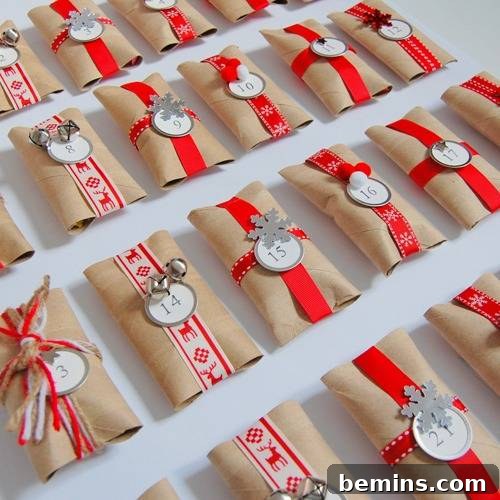 Gifts wrapped in brown kraft paper, adorned with ribbons and numbered tags, forming a unique advent calendar.