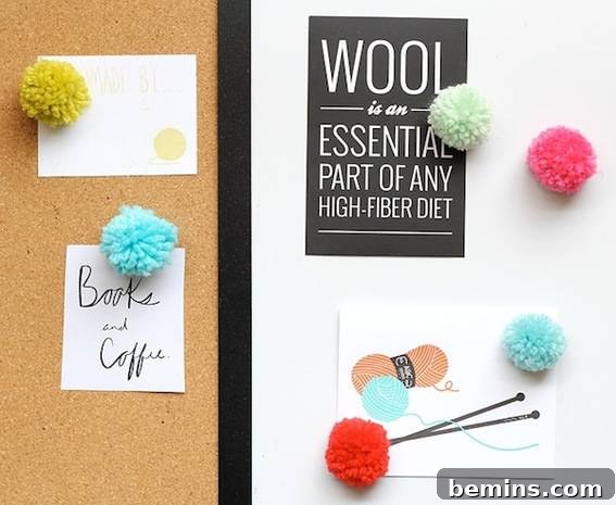 10 Ways to Add Pom-Pom Power to Your Decor & Crafts 5 Colorful pom-pom pushpins and magnets, perfect for adding a touch of whimsy to your workspace.
