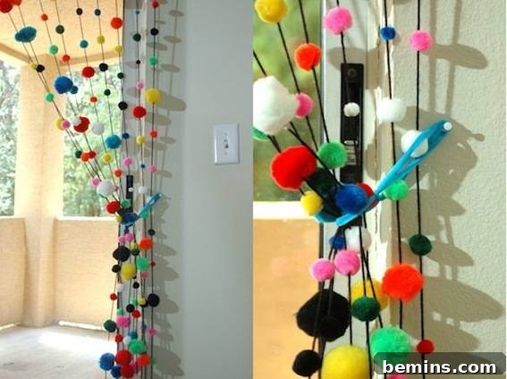 10 Ways to Add Pom-Pom Power to Your Decor & Crafts 8 Pom-poms and beads strung together to create a unique room divider curtain.