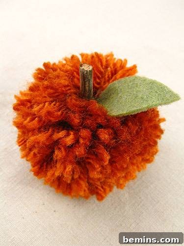 10 Ways to Add Pom-Pom Power to Your Decor & Crafts 10 Yarn apple constructed with yarn, a twig, and a paper leaf, a perfect fall-themed craft.
