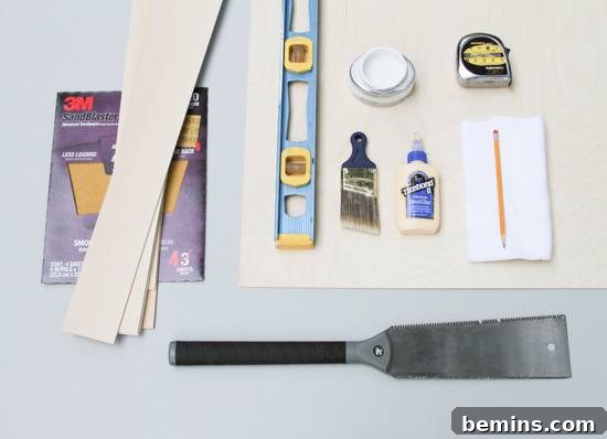 Tools needed to make modern wooden christmas tree display shelves.