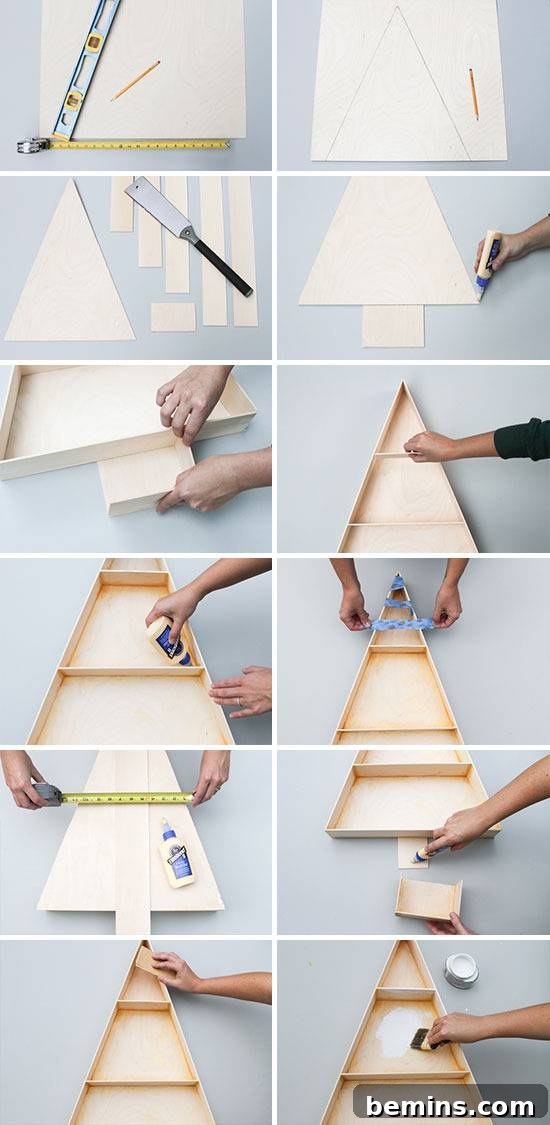 A person showing how the built and painted a christmas tree shaped shelf.