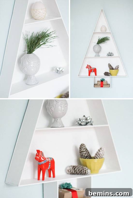A shallow hanging wall shelf is in the shape of a pine tree.