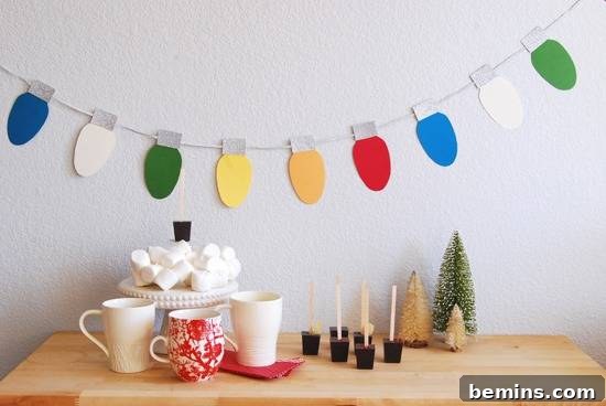 Paper lights are decorating a wall behind a wooden table. A DIY Christmas light garland adding a festive touch to a home.