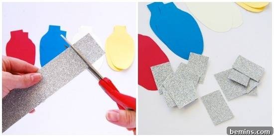 Person cutting glitter paper with scissor to prepare colorful Christmas light garland. Preparing glitter strips for a DIY Christmas light garland.